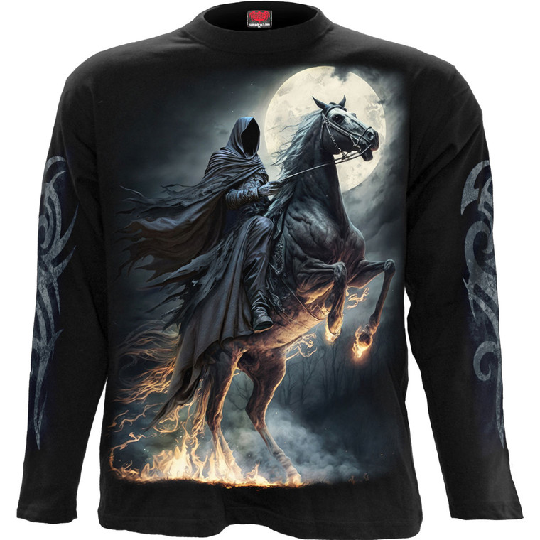 Spiral Unisex Long Sleeve T-Shirt: Shadow Rider (Black) (Back & Sleeve Print)