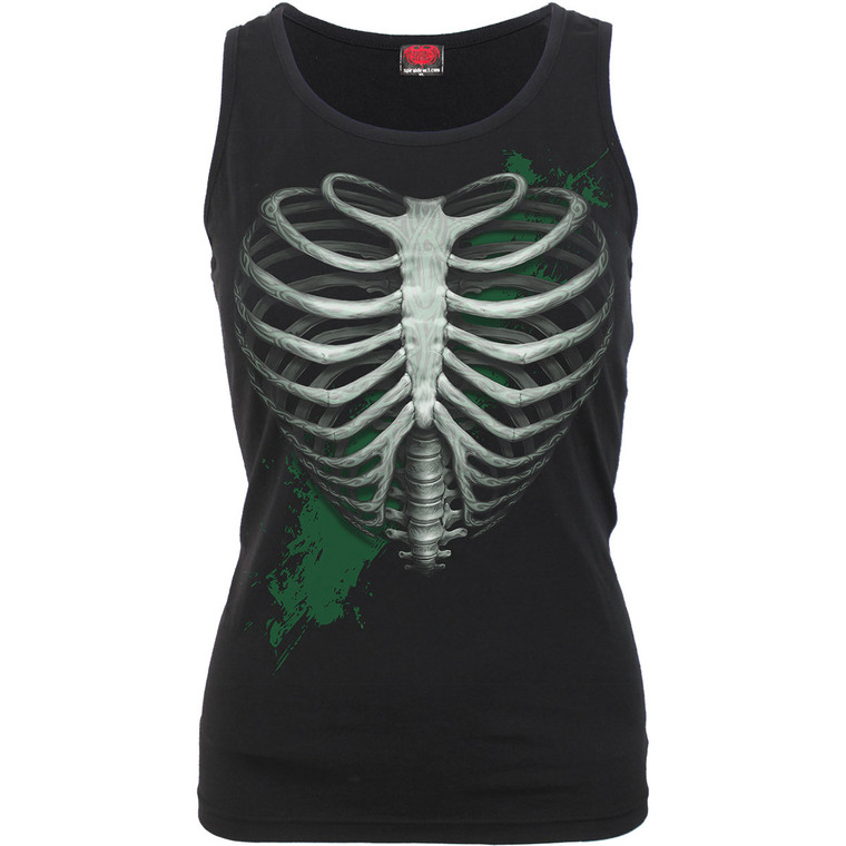 Spiral Ladies Razor Back Vest T-Shirt: Heart Ribs Glow in the Dark (Black)
