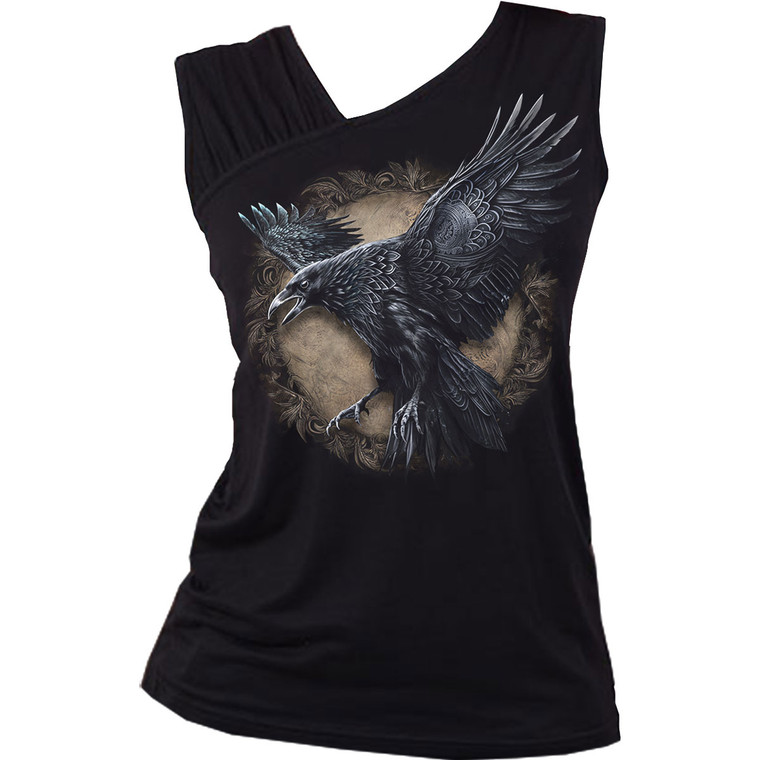 Spiral Ladies Gathered Shoulder Slant Vest T-Shirt: Raven Wise - Wings (Black)