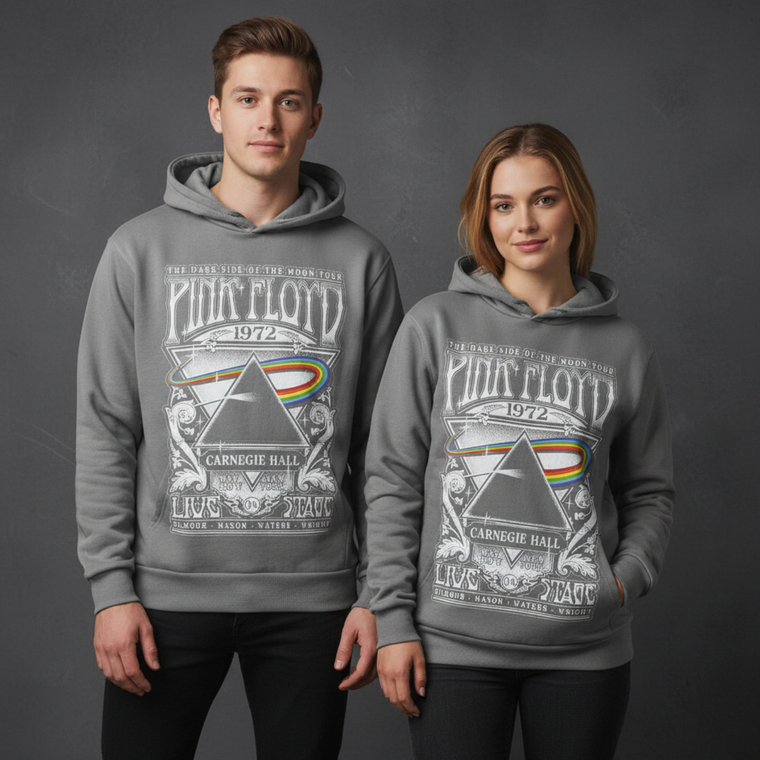 Pink Floyd Unisex Unplugged Pullover Hoodie: Carnegie Hall Poster (Grey) (Back Print)