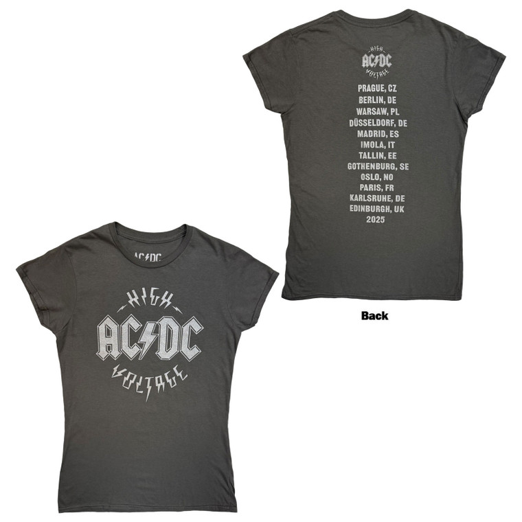 AC/DC Ladies T-Shirt: Silver High Voltage EU Tour '25 (Charcoal Grey) (Back Print)