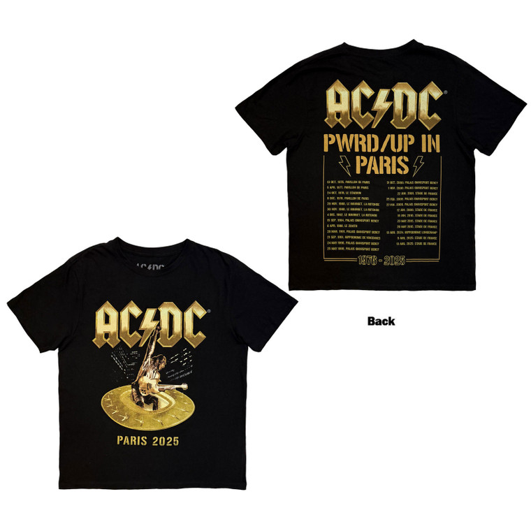 AC/DC Unisex T-Shirt: PWR'D-UP In Paris EU Tour '25 (Black) (Back Print)