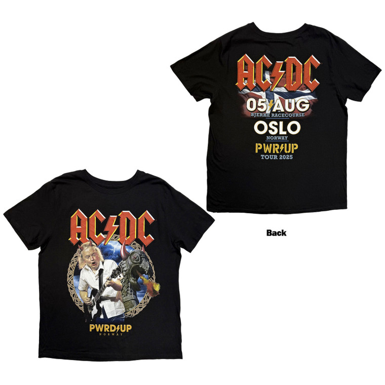 AC/DC Unisex T-Shirt: PWR'D-UP Norway EU Tour '25 (Black) (Back Print)