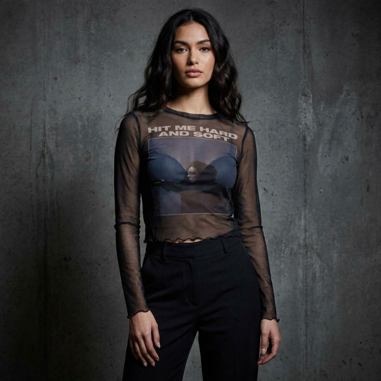 Billie Eilish Ladies Long Sleeve Mesh Crop Top: HMHAS Tracklist (Black) (Back Print)