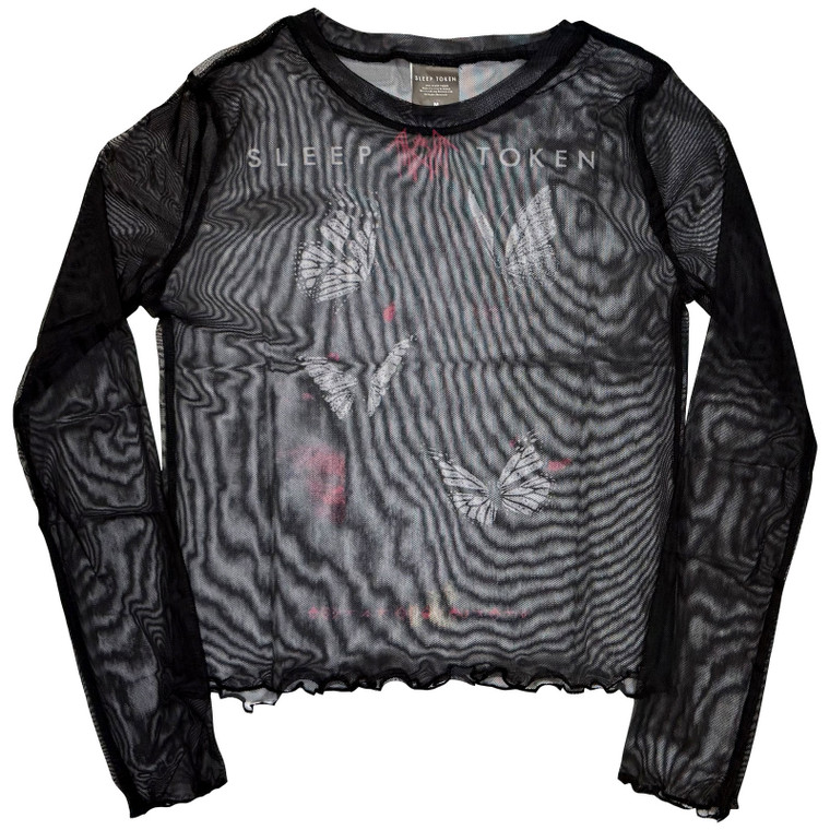 Sleep Token Ladies Long Sleeve Mesh Crop Top: Butterflies (Black)