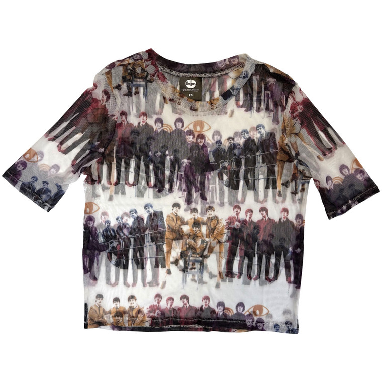 The Beatles Ladies Short Sleeve Mesh Crop Top: Anthology Group Repeat (White) (All Round)