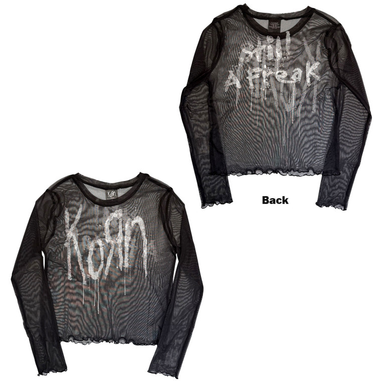 Korn Ladies Long Sleeve Mesh Crop Top: Still A Freak (Black) (Back Print)