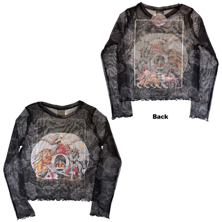 Queen Ladies Long Sleeve Mesh Crop Top: A Day At The Races (Black) (Back Print)
