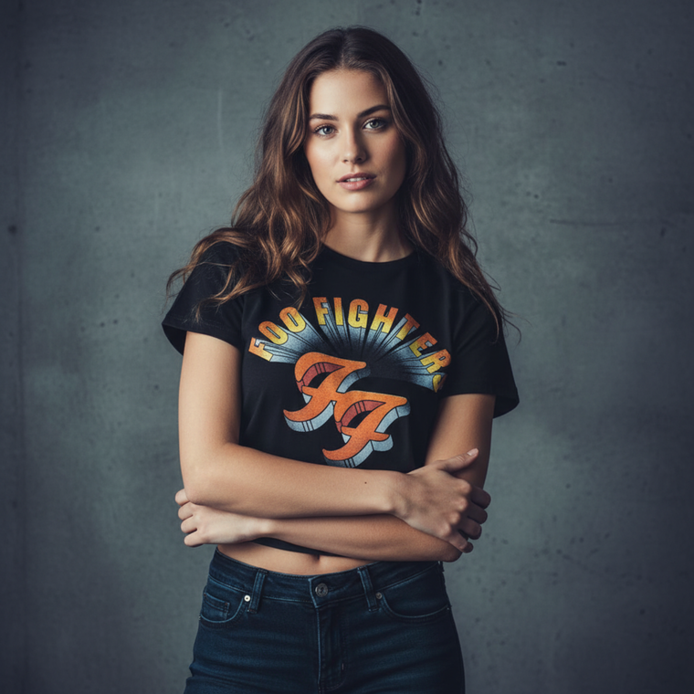 Foo Fighters Ladies Crop Top: Retro Rock Emblem (Black)