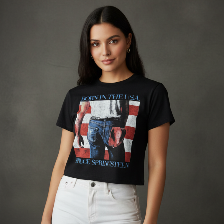 Bruce Springsteen Ladies Crop Top: Born in the USA (Black)