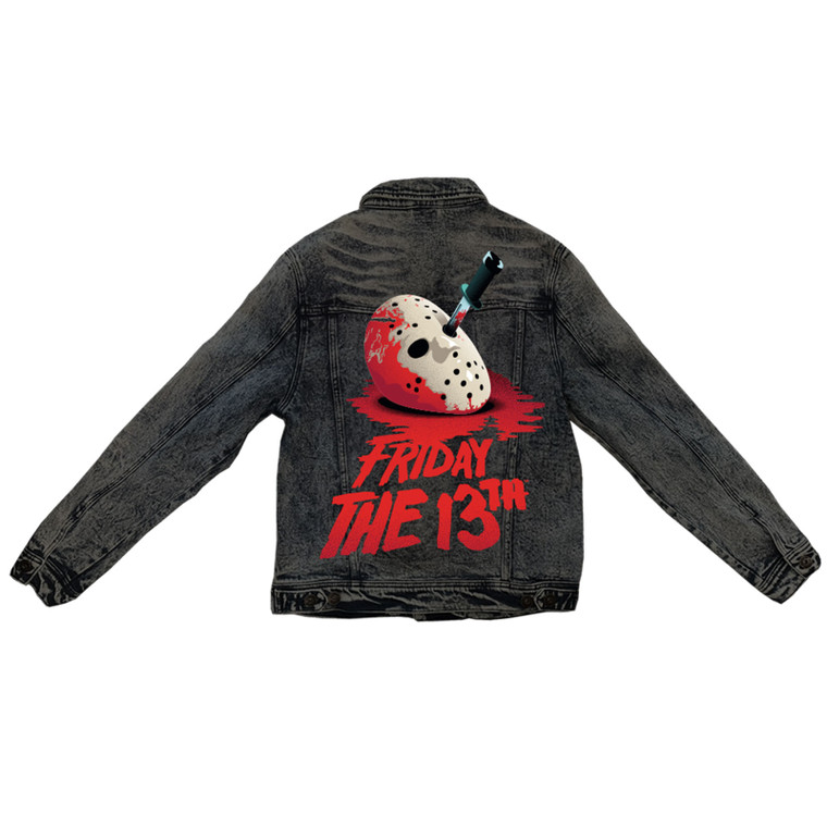Friday the 13th Unisex Denim Jacket: Jason Mask Washed (Black) (Back Print)