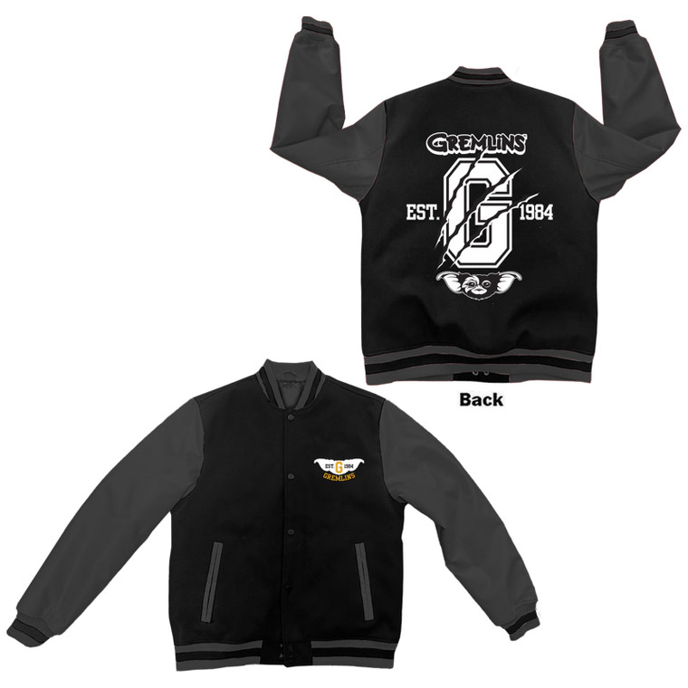 Gremlins Unisex Varsity Jacket: Est. 1984 (Black & Charcoal) (Back Print)