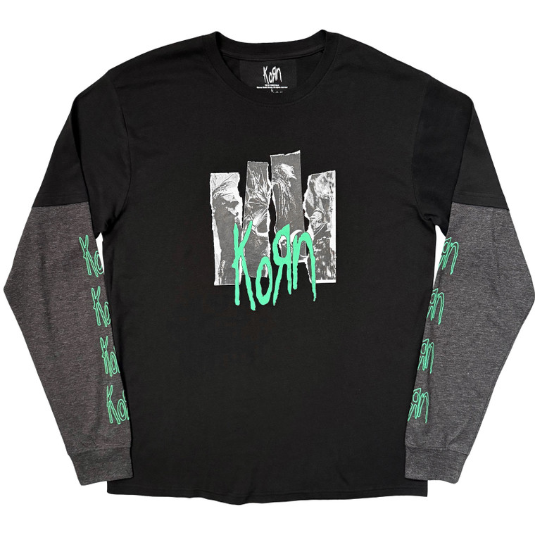 Korn Unisex Layered Long Sleeve T-Shirt: Ripped Photos (Black & Charcoal) (Sleeve Print)