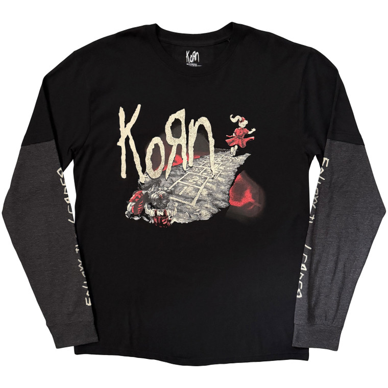 Korn Unisex Layered Long Sleeve T-Shirt: Follow The Leader (Black & Charcoal) (Sleeve Print)