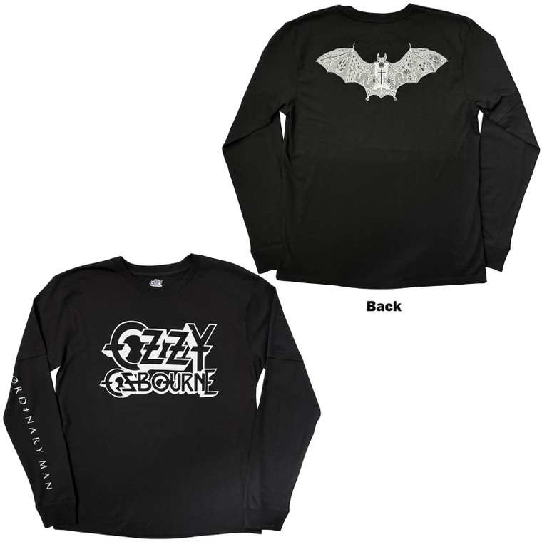 Ozzy Osbourne Unisex Layered Long Sleeve T-Shirt: Tattoo Bat (Black) (Back & Sleeve Print)