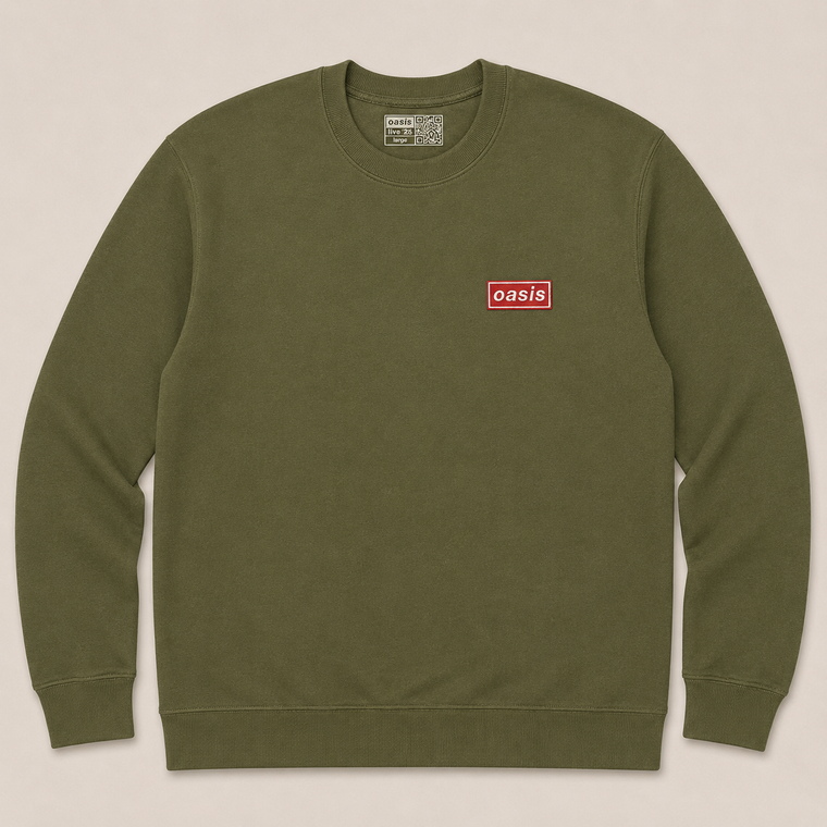 Oasis Unisex Sweatshirt: Red Decca Logo (Khaki Green) (Ex-Tour)