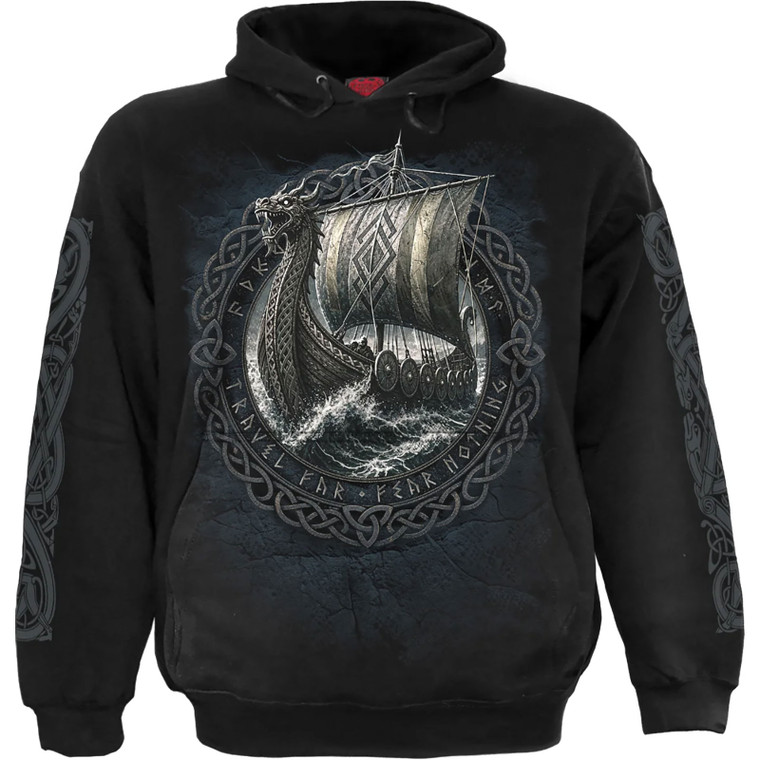 Spiral Unisex Pullover Hoodie: Viking Norseman (Black) (Back & Sleeve Print)
