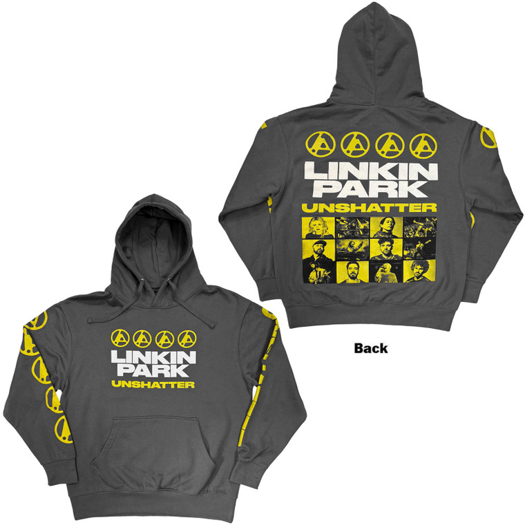 Linkin Park Unisex Pullover Hoodie: Unshatter (Charcoal Grey) (Back Print & Sleeve Print)