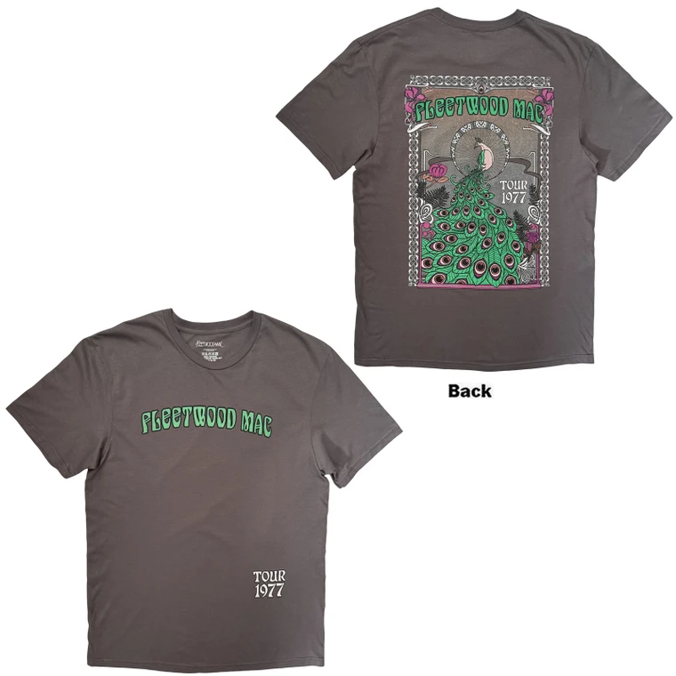 Fleetwood Mac Unisex T-Shirt: Peacock Tour '77 (Charcoal) (Back Print)
