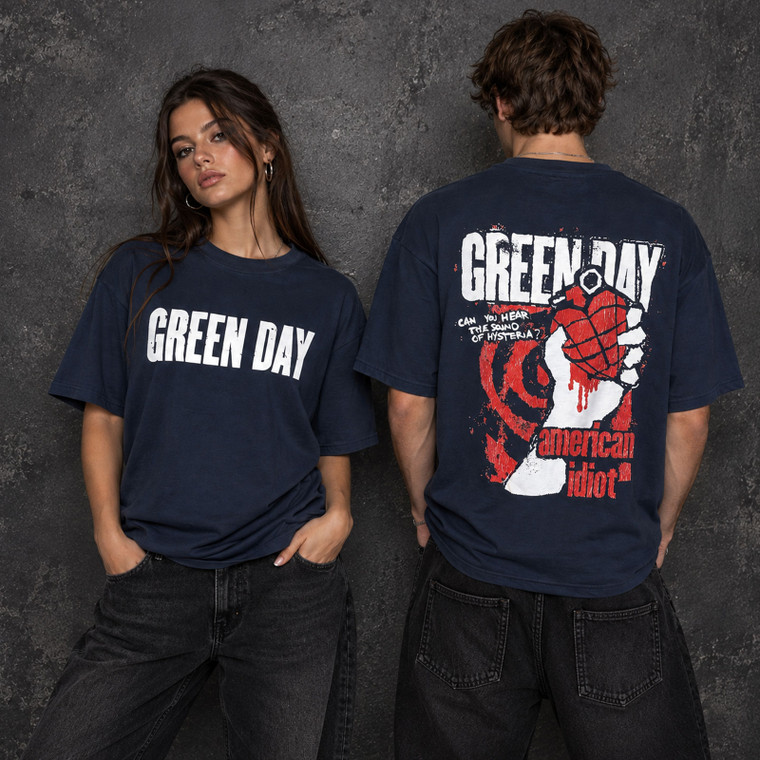 Green Day Unisex Unplugged T-Shirt: American Idiot (Navy) (Back Print)