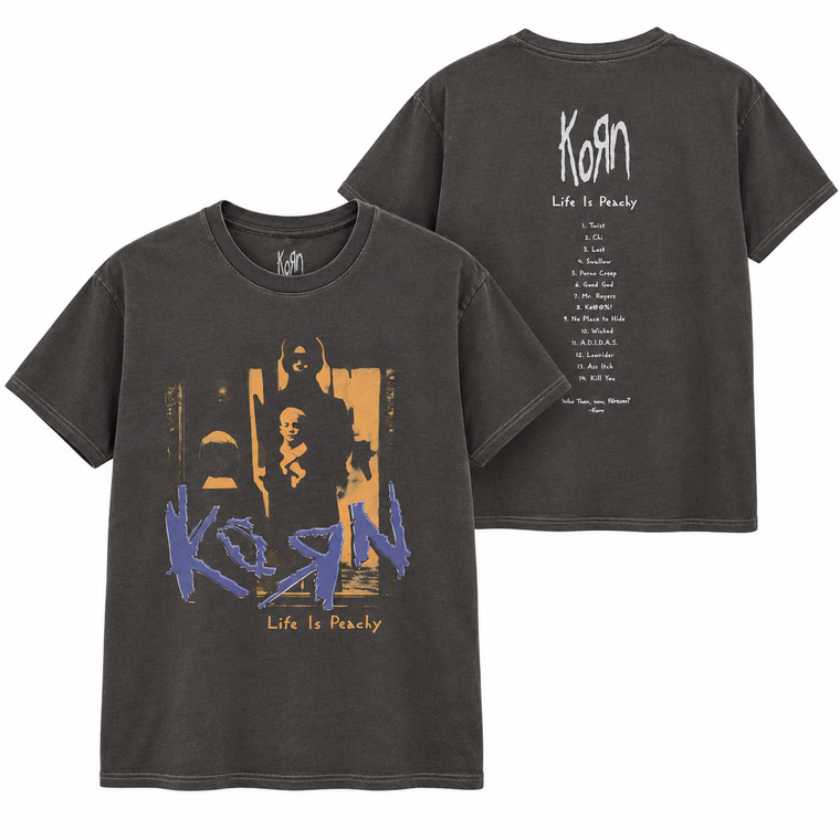 Korn Unisex T-Shirt: Life Is Peachy Tracklist (Charcoal Grey) (Back Print)
