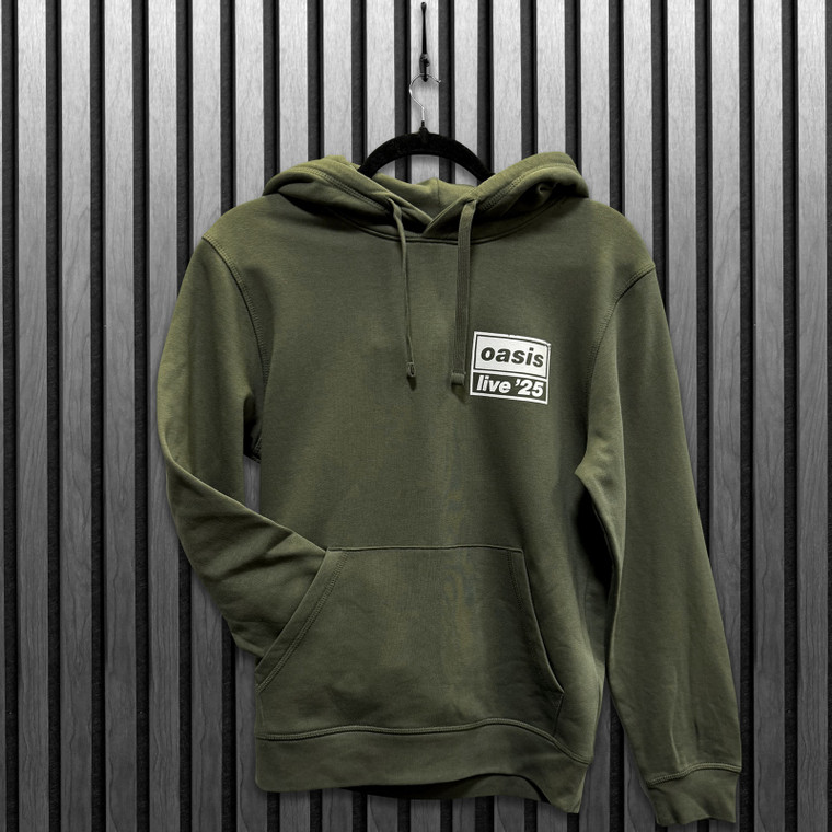 Oasis Unisex Pullover Hoodie: Live '25 Distressed Lockup Pocket (Khaki)