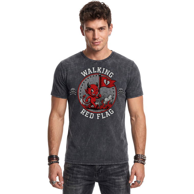 Spiral Unisex Acid Wash T-Shirt: Red Flag (Black & Grey)