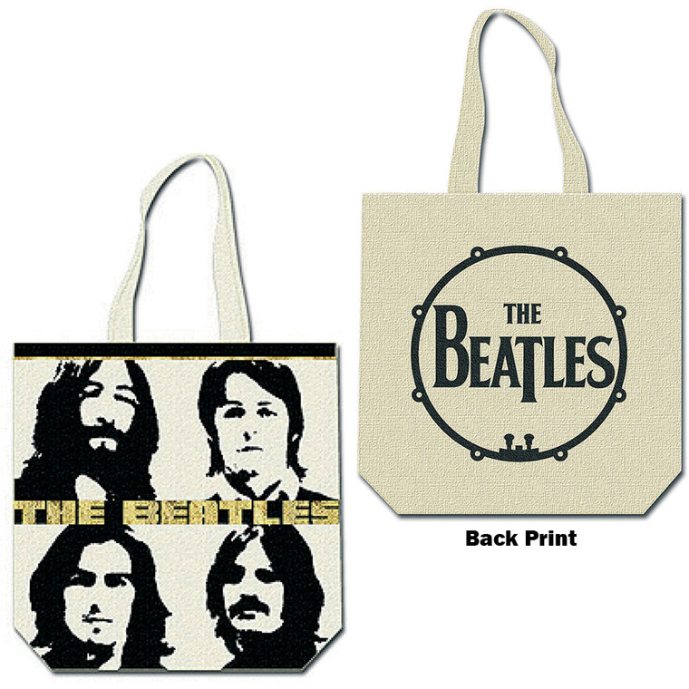 The Beatles Cotton Tote Bag: Four Heads with Gold Logo (Natural) (Back Print)