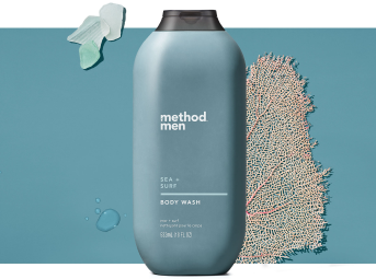 Method Sea + Surf  body wash with coral and sea glass background mobile version