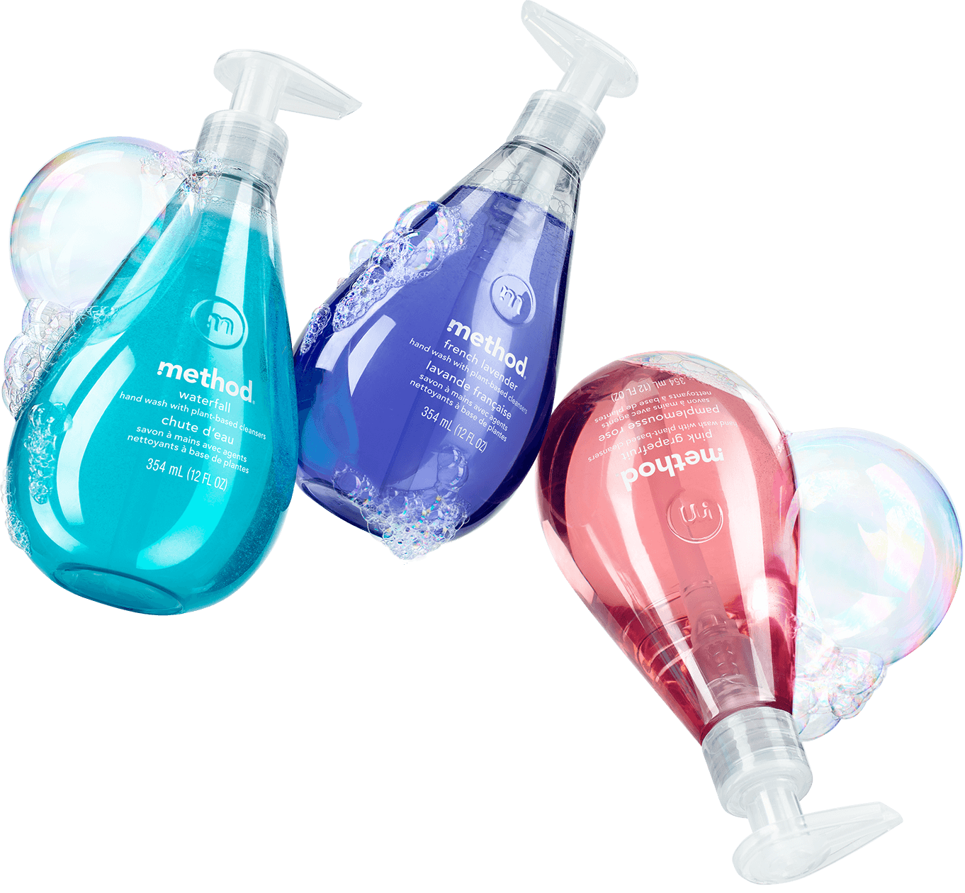 three Method gel handwash soap bottles