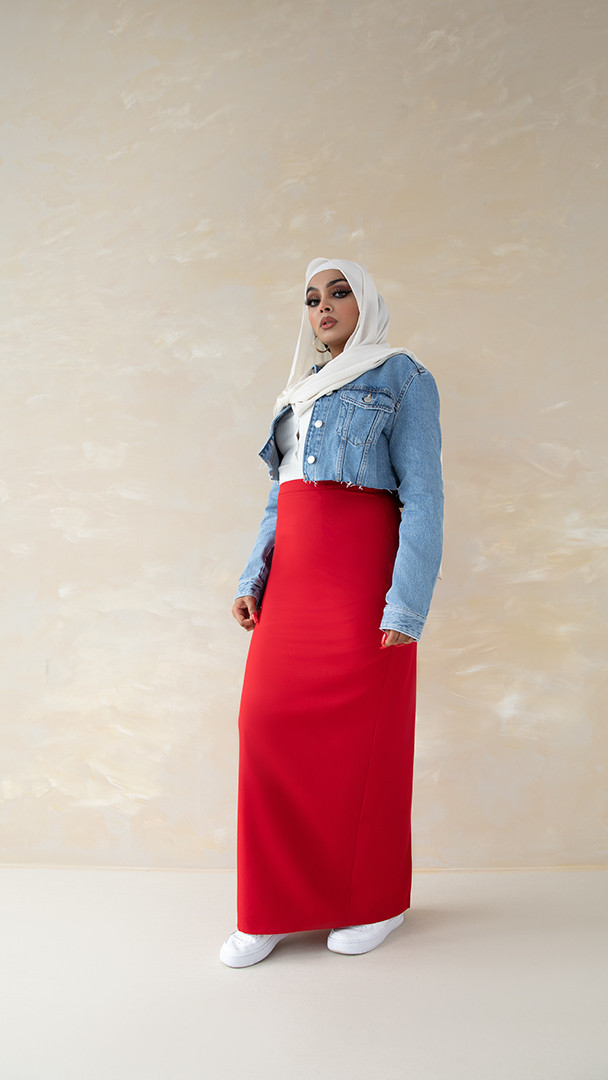 Red Classic Pencil Skirt Elegant Women's Fashion Shaheen Salim