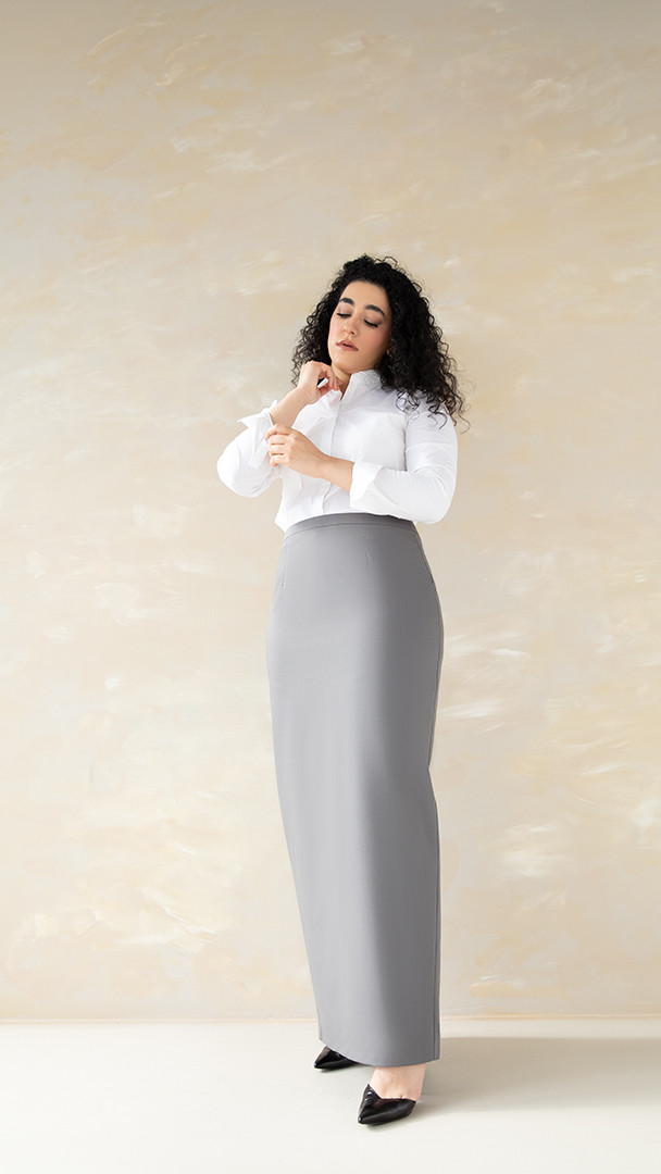 Grey Classic Pencil Skirt | Elegant Women's Fashion | Shaheen Salim