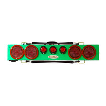 This image typical of the Green 36" wireless truck bar system provides stop, tail, and turn w/ side marker lights on each end and three DOT lights in the center of the bar. This system comes complete with your choice of transmitter and a 7-pin plug to be