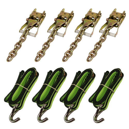 Four Point Tie Down System for Rollbacks.
4 - 2 in. wide x 9 ft. long straps with hook and loop. 
4 - Chain Ratchets.
This 9 ft. strap is great for low profile cars and imports.