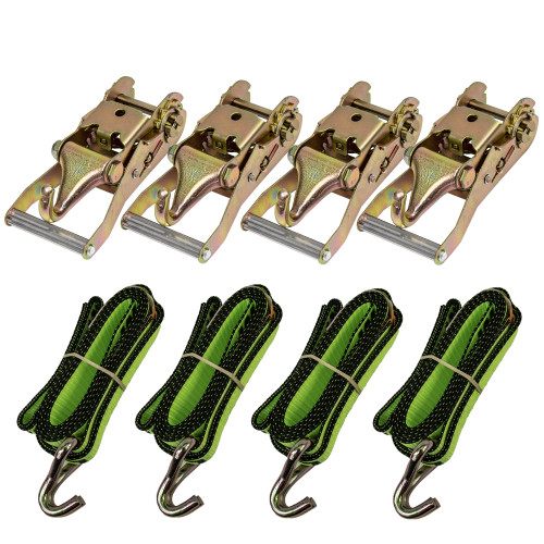 Four Point Tie Down System for Rollbacks.
4 - 2" Wide x 9' Long Straps with Hook and Loop. 
4 - Forged-J Ratchets.
This 9 ft. strap is great for low profile cars and imports.