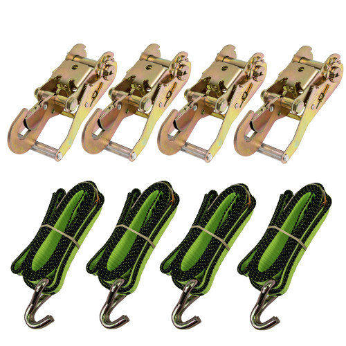 Four Point Tie Down System for Rollbacks.
4 - 2" Wide x 9' Long Straps with Hook and Loop. 
4 - Snap Ratchets.
This 9 ft. strap is great for low profile cars and imports.