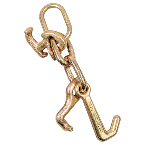 The three most popular frame attachment hooks on one cluster. The R hook is the most secure way to transport a vehicle on your carrier, trailer or flatbed. The forged mini J hook is a fast and easy way to attach the cluster to most import vehicles with front tow loops. And the T hook fits in all of the same frame holes as the R hook.  A must-have for vehicle transportation. Weather-proof zinc coating. U.S.A.