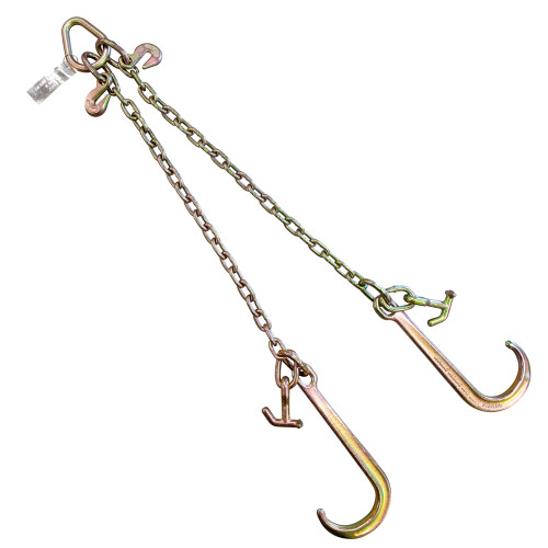 This ECTTS brand low profile bridle is made with 2 sections of 5/16 in. transport chain that are 2 ft long connected to a pear link in the center. Each assembly has an 15 in. grade 70 forged J hook as well as hammerhead hooks and grab hooks.