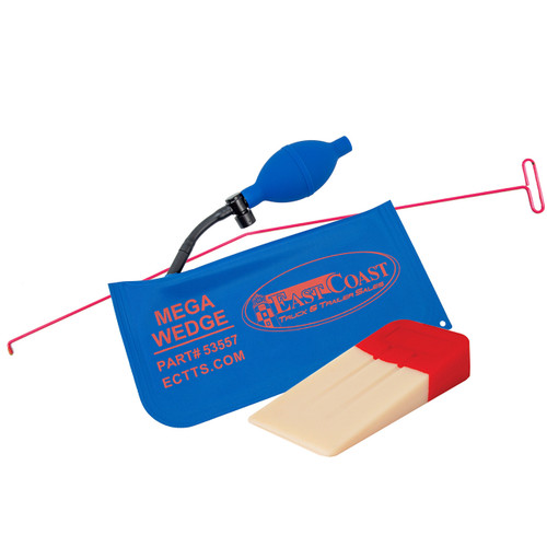 The vinyl air wedge has an internal stiffener along with a one-hand push button release valve for easy, dependable use. To use the air wedge you must slip the flattened wedge into the door frame and then inflate it with the attached hand pump. The vinyl air wedge has an internal stiffener along with a one-hand push button release valve for easy, dependable use. To use the air wedge you must slip the flattened wedge into the door frame and then inflate it with the attached hand pump.