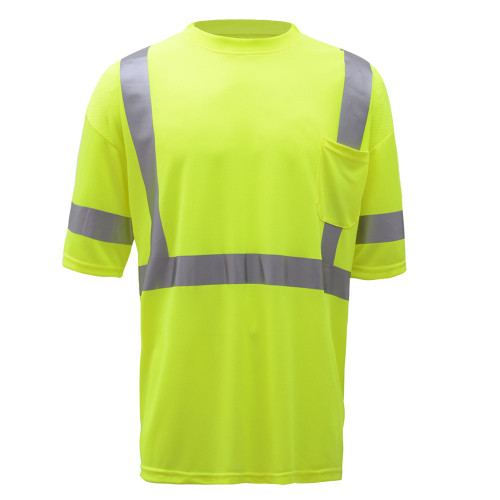Class 3 Moisture Wicking Short Sleeve Safety T-Shirt with Chest Pocket Made from breathable and moisture wicking Birdseye polyester mesh, which helps regulate the body temperature of workers and reduces static electricity.
