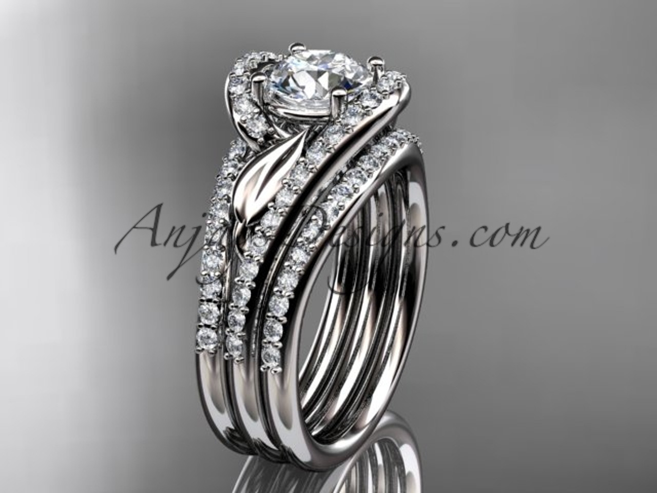 14K White Gold 8MM Ring Hand Engraved With Simple Diamond Setting