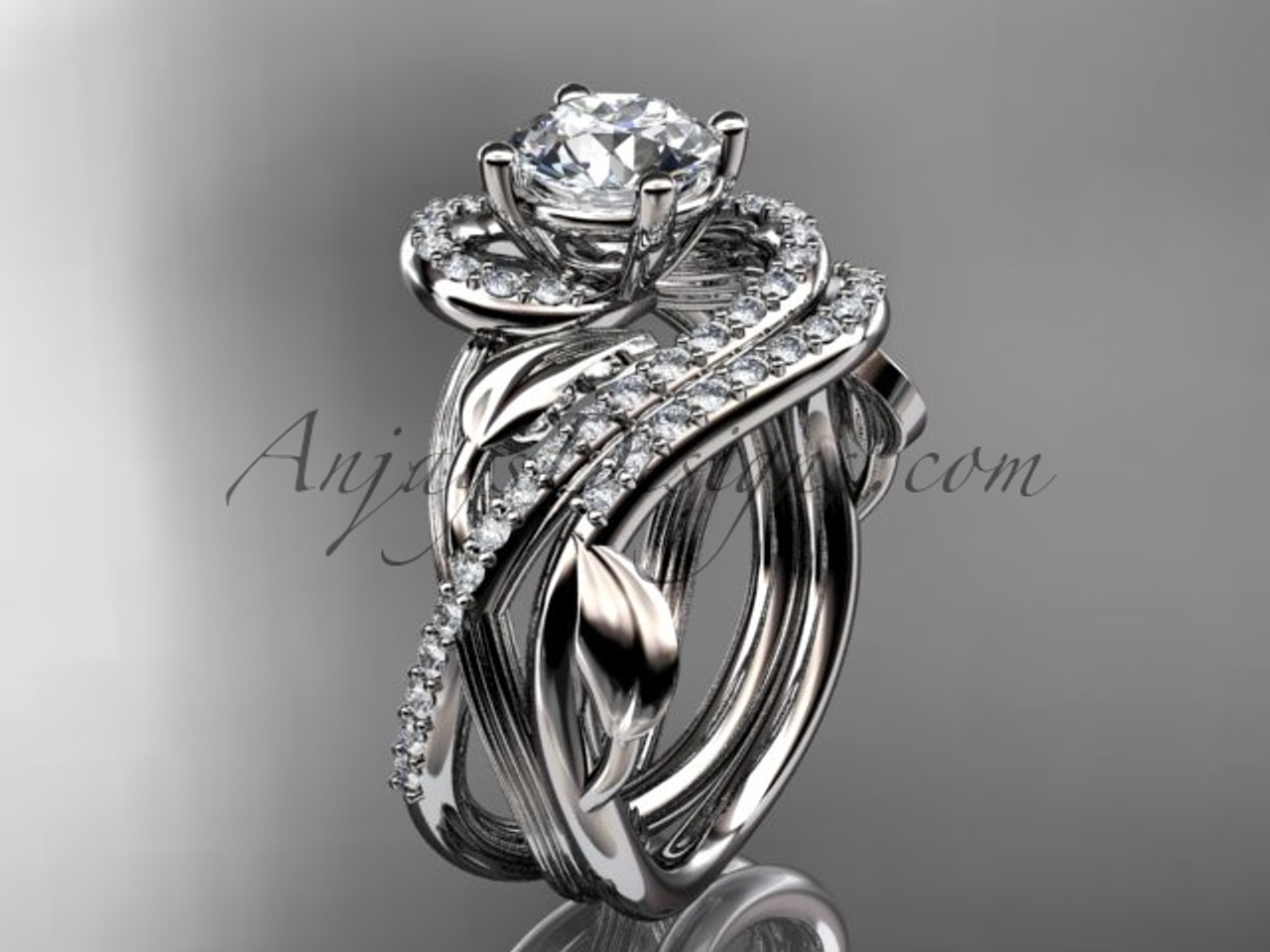 Platinum Interlocking Leaf Engagement and Wedding Ring Set