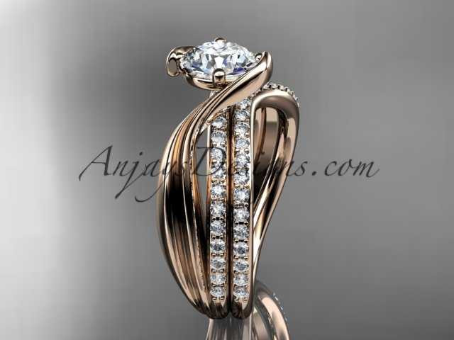 Unusual Diamond Wedding Set, Rose Gold Leaves Marriage Ring
