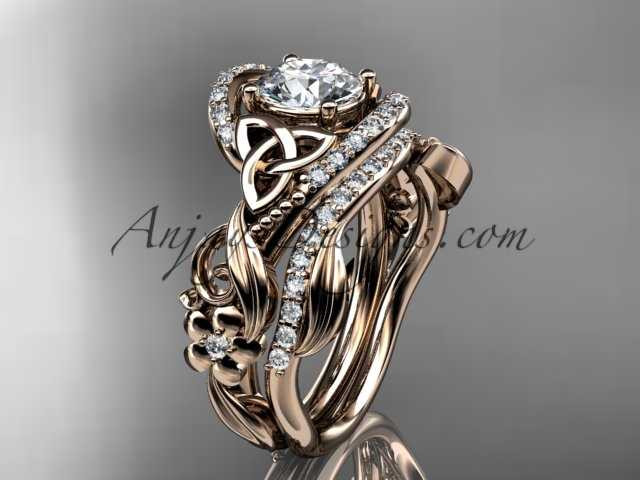 Diamond Celtic Engagement Ring Set 14k Rose Gold Nature Inspired