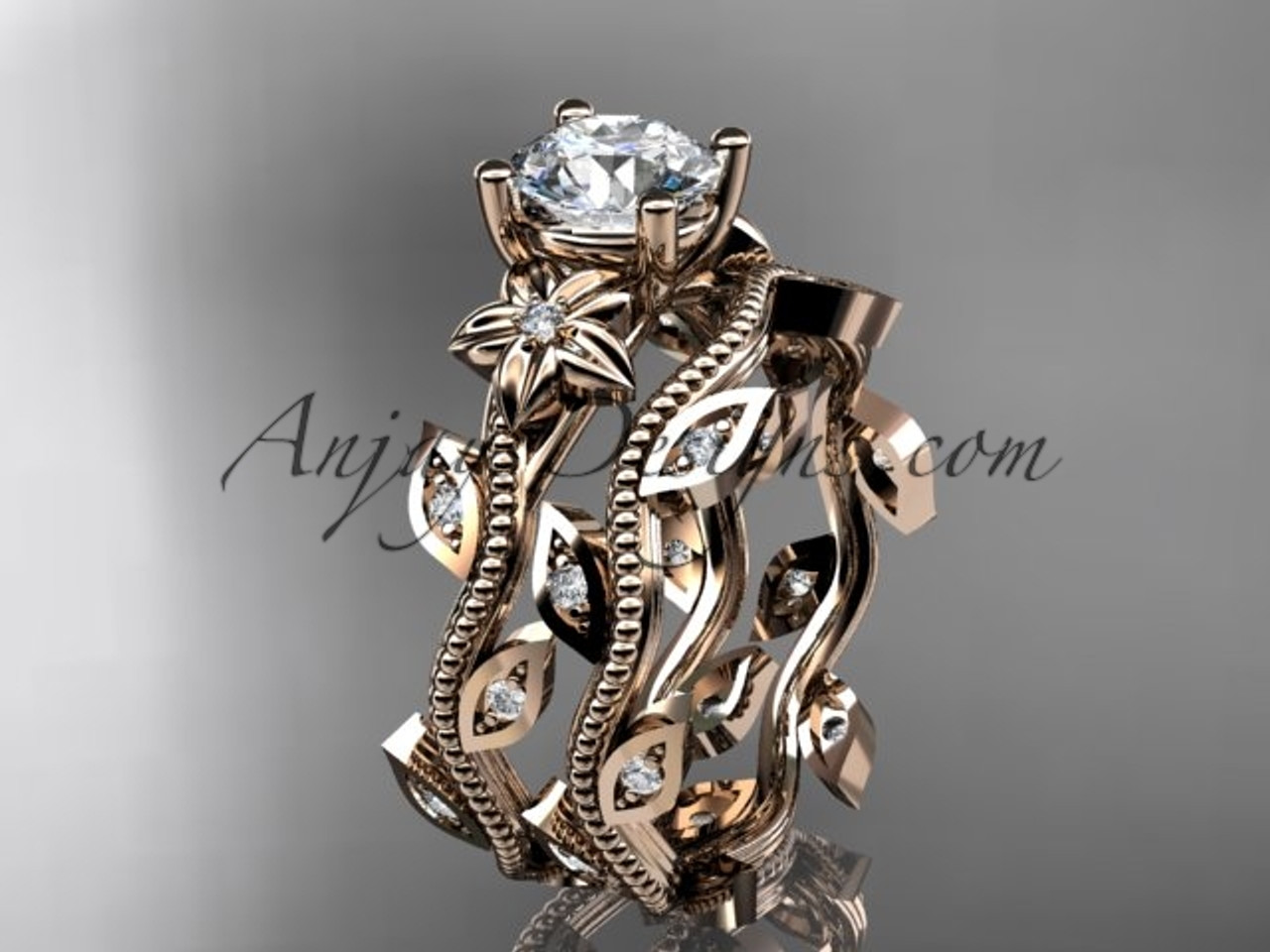14k rose gold diamond leaf and vine wedding ring engagement ring engagement  set