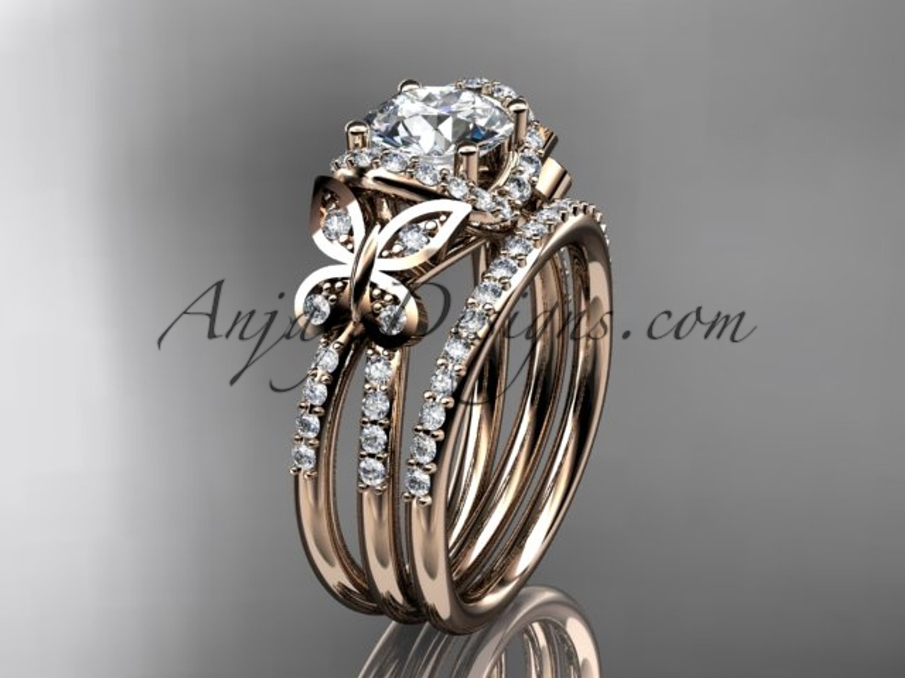 14kt rose gold diamond butterfly wedding ring, engagement set with a  Forever One Moissanite center stone ADLR141S