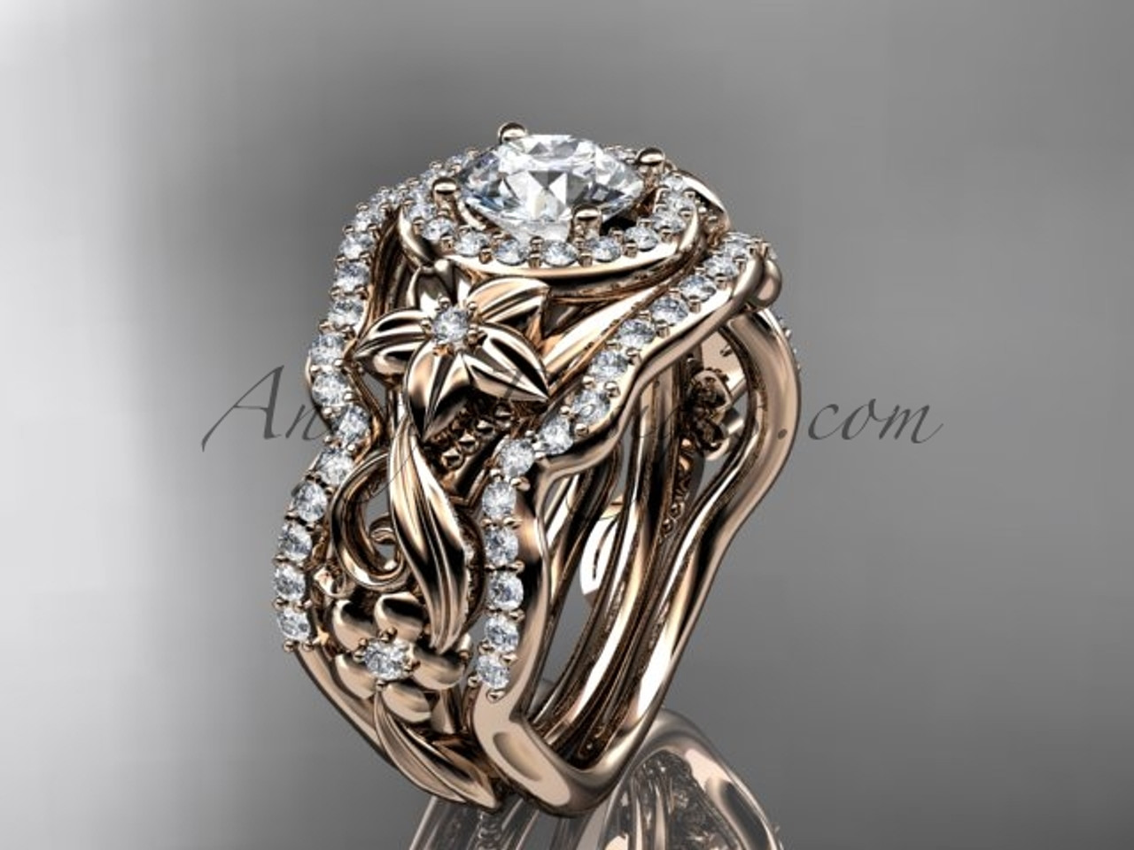 14kt rose gold diamond unique engagement ring, wedding ring with double  matching band ADLR300