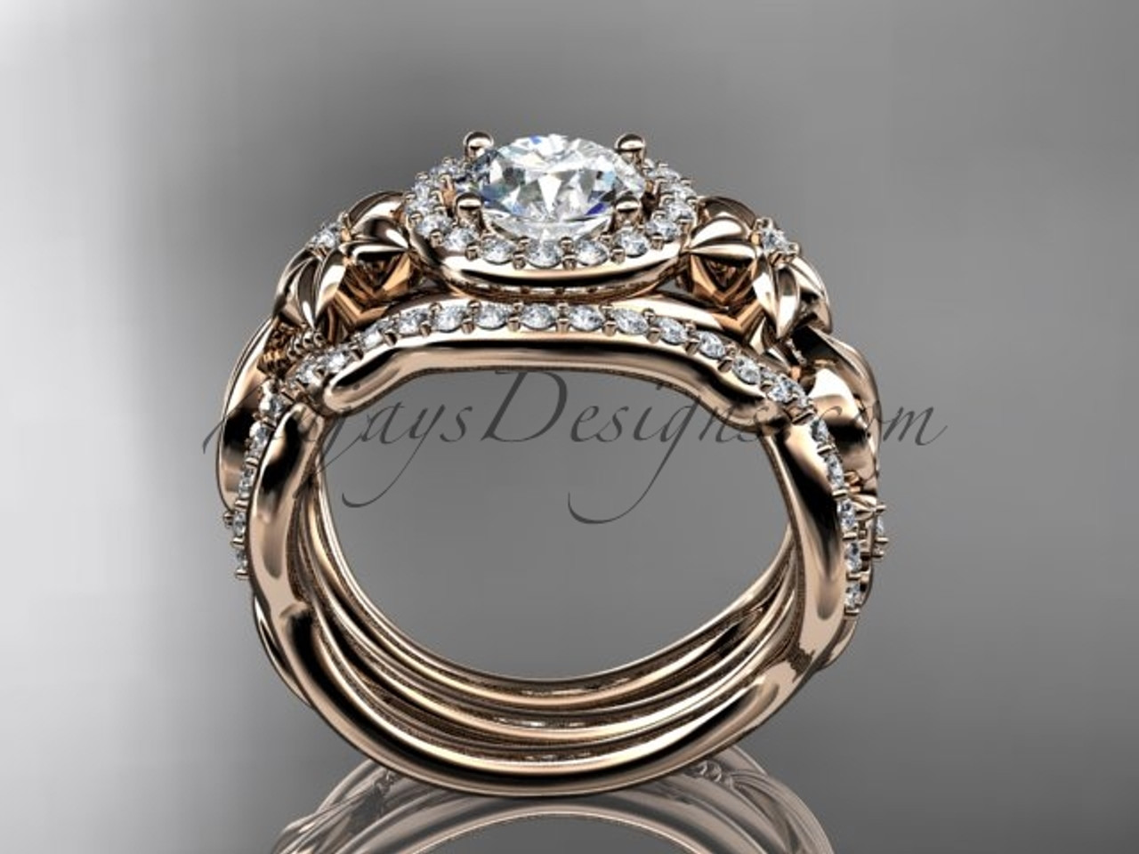 14kt rose gold diamond unique engagement set wedding set