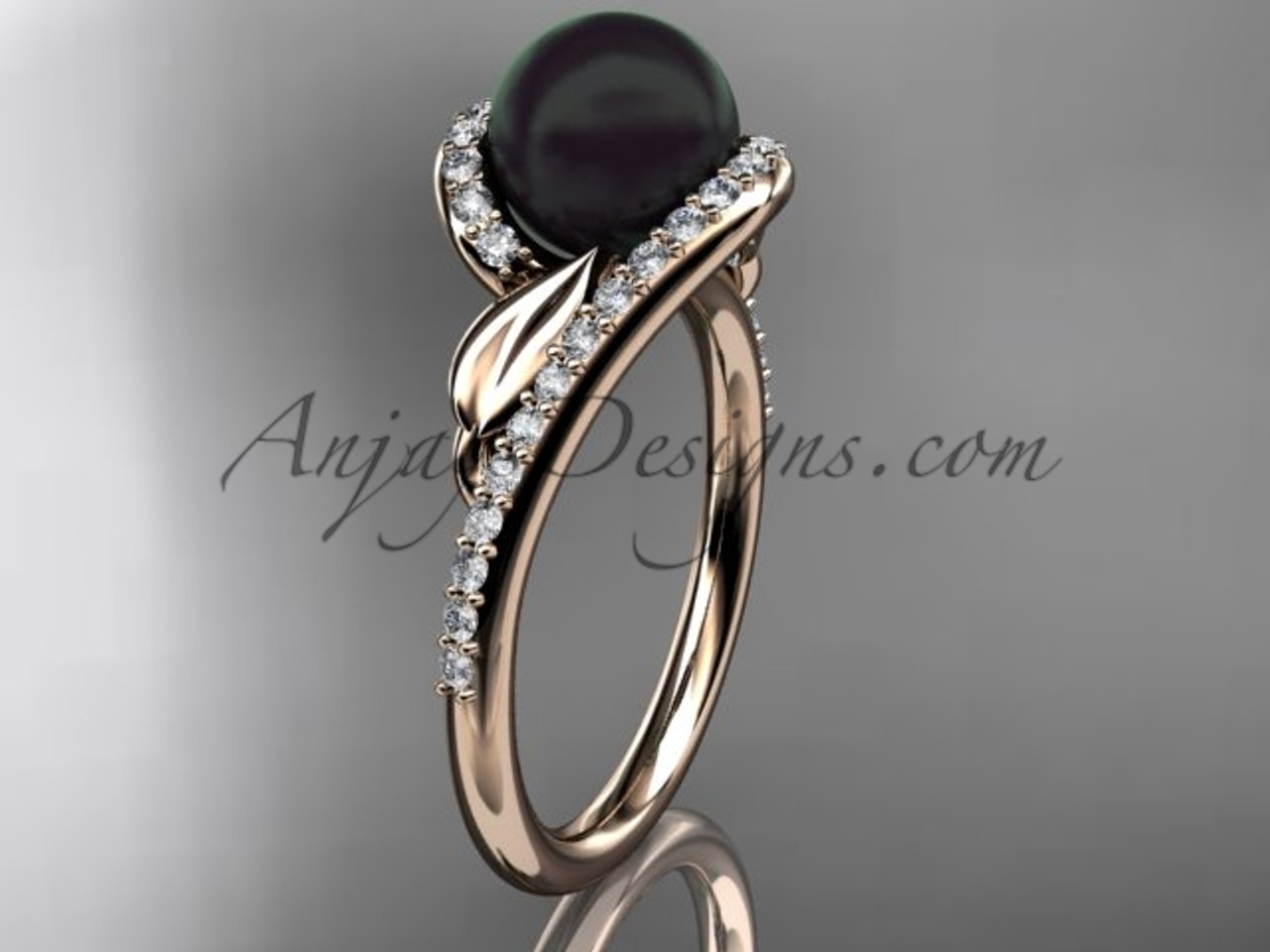 Platinum Leaf Tahitian Black Pearl Wedding Ring ABP64