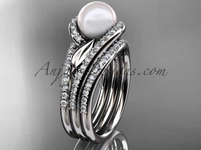 White Gold Pearl Leaf Double Rings Wedding Set AP317S